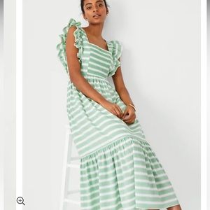 Ann Taylor Green Stripe Ruffle Flare Maxi Dress